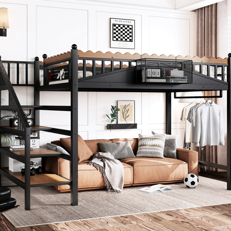 Lit mezzanine double en métal noir avec rangement fonctionnel et tablette, un choix pratique pour les barrières de sécurité en escalier, idéal pour créer une chambre confortable et sécuritaire