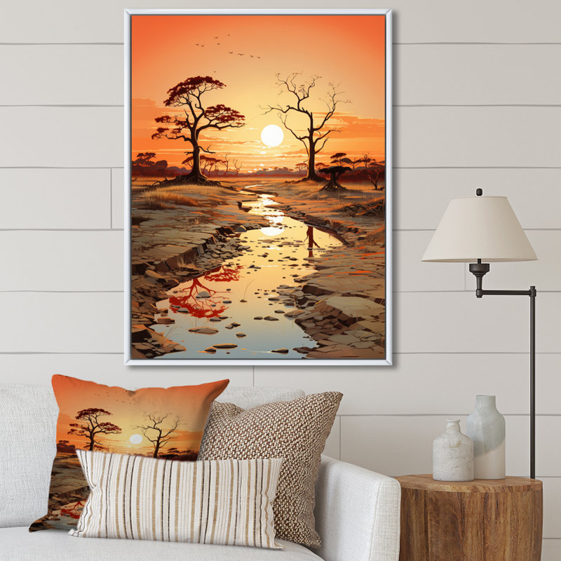 Orange, beige, vallée d'Afrique sur toile, H 44 po x l 34 po x P 1,5 po, Cadre flottant blanc