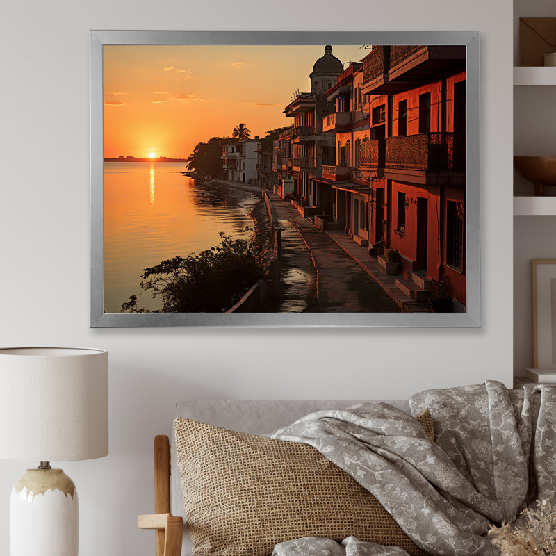 " Havana Sunset Panorama ", Silver Single Picture Framed, 16'' H x 32'' W x 1" D