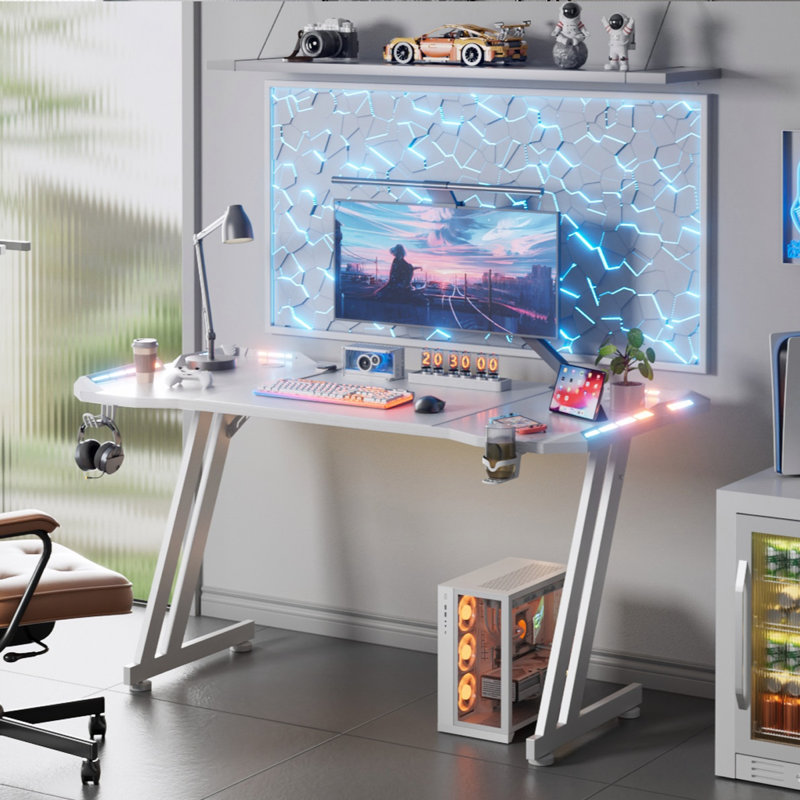 55 Inch LED Gaming Desk with RGB Lights, Large Computer Desk with Cup Holder, Headphone Hook & Mouse Pad, Modern Ergonomic PC Table for Home Office Gaming Setup, White