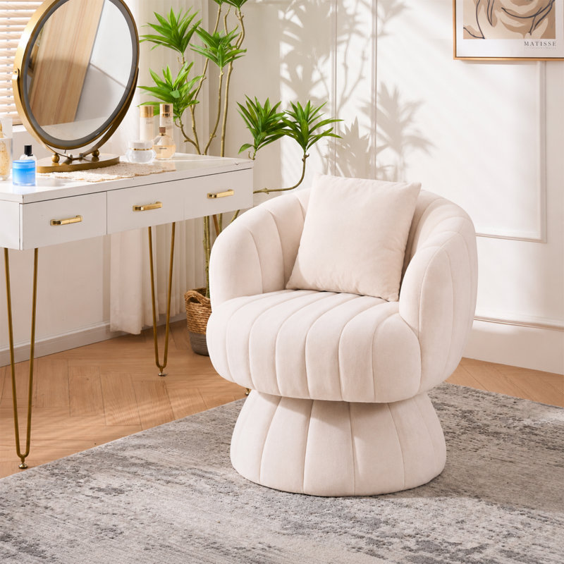 Upholstered Swivel Accent Chair Barrel Chair with Pillow, Beige Velvet