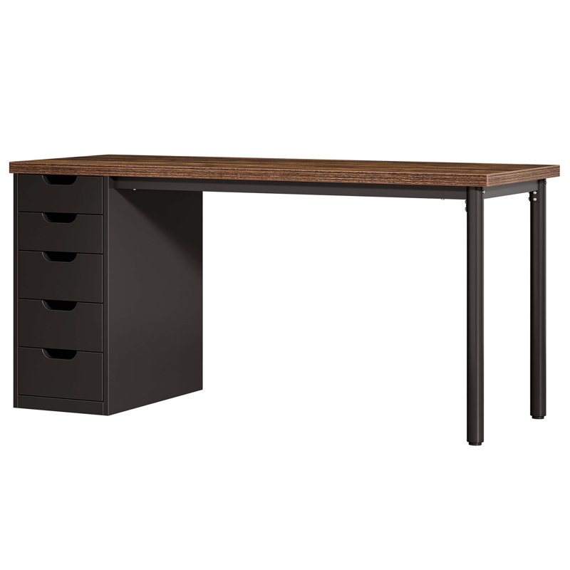 47-Inch Modern Computer Desk with 5 Drawers & Reversible Cabinet, Rustic Brown & Black, Ideal for Small Spaces and Home Offices
