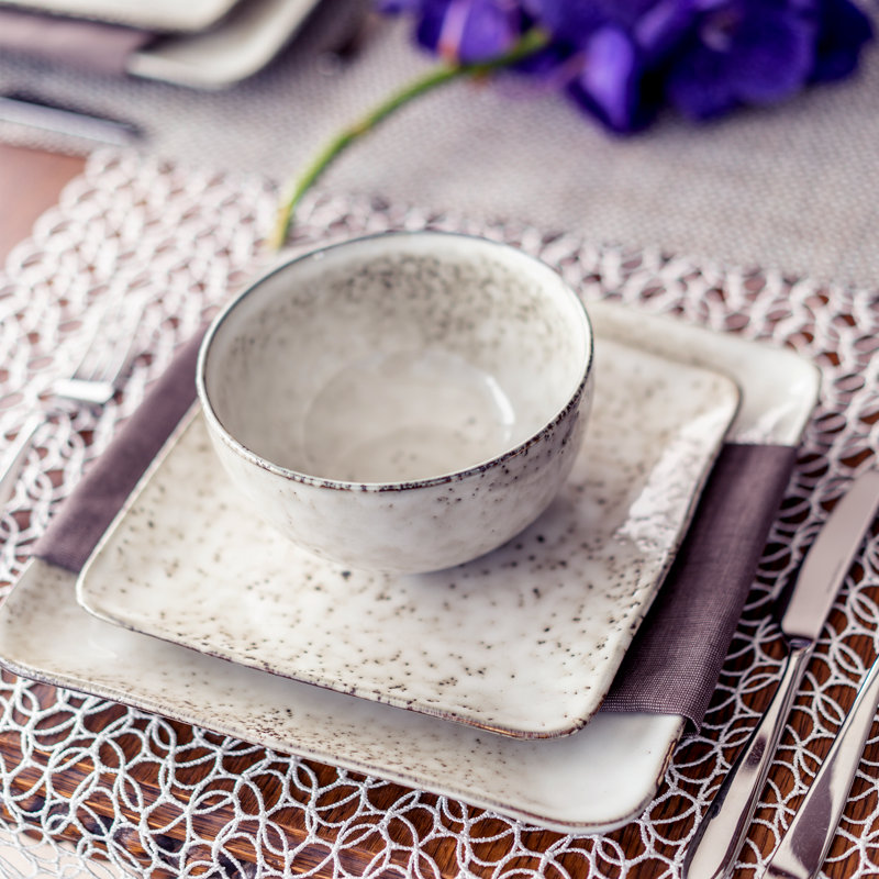 Rustico Cream Glazed Ceramic Square Dinnerware Set, Service for 4