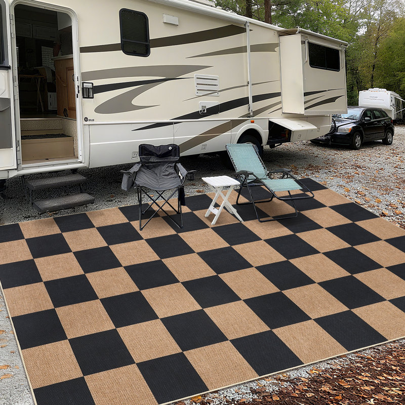 Tapis moderne lavable à carreaux pour l'intérieur et l'extérieur, Black/Brown, Rectangle 5' x 7'