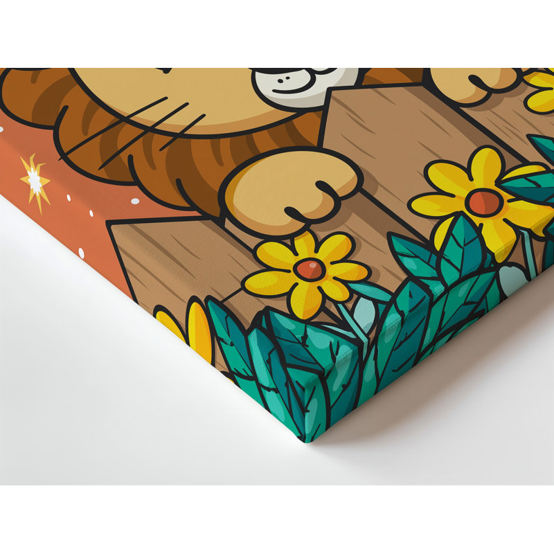 Toile, "Un lion joyeux" avec une crinière moelleuse qui jette un coup d'œil sur l'art mural, H 12 po x l 9 po