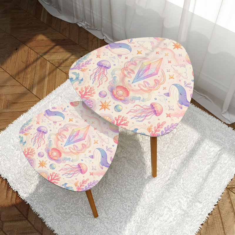 Ensemble de 2 tables basses gigognes en forme de triangle fantaisie, fantaisie, baleines en cristal, méduse, lunes, table de bout pastel, table d'appoint moderne et minimaliste pour le salon, la chambre à coucher