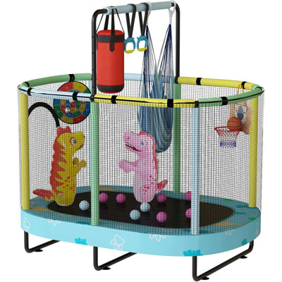 60" Oval Trampoline For Kids, 5 Ft Indoor & Outdoor Toddler Trampoline With Safety Enclosure, Adjustable Gymnastics Bar, Swing & Toys For Boys & Girls Aged 1-8