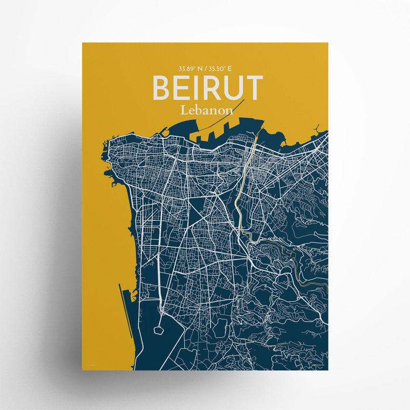 Carte de la ville de Beyrouth, impression maritime, H 24 po x l 18 po, Bleu / jaune
