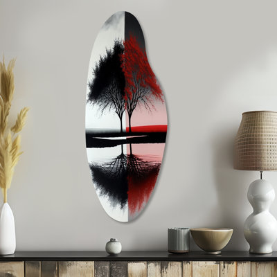Art abstrait mural rouge et noir, arbres abstraits au bord du lac