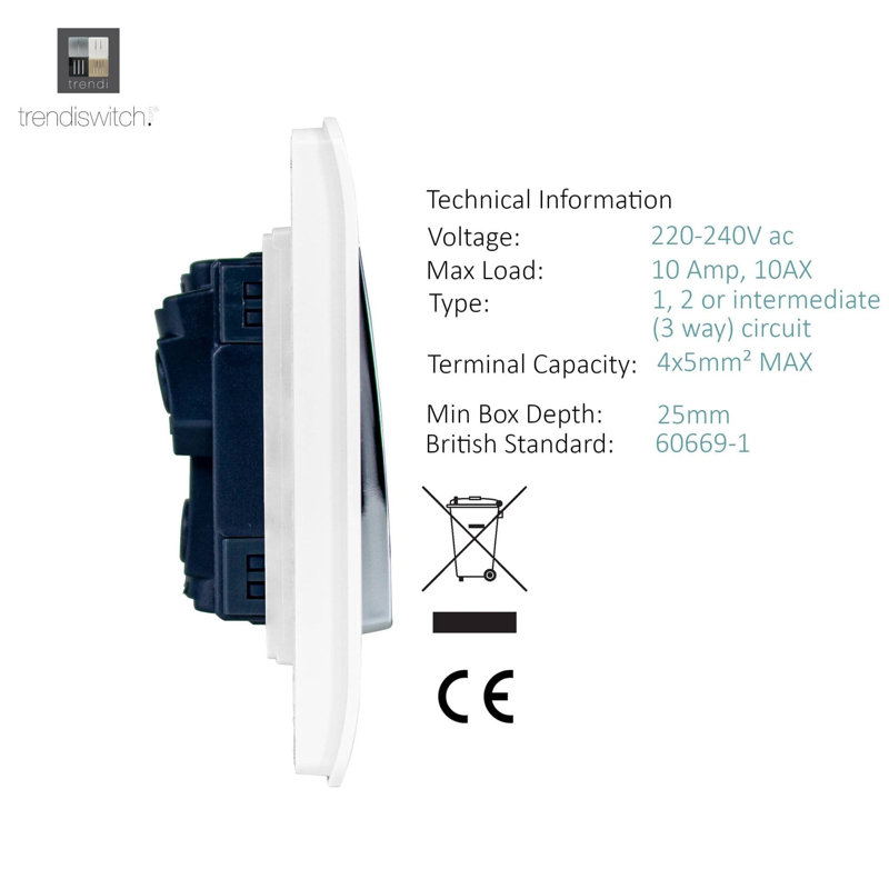 Trendi Switch 4 Gang Light Switch (2x 1 or 2 Way & 2 x Intermediate), Ice White