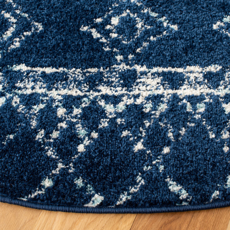 Tapis bleu marine à motif géométrique Cobos, Rond 3 pi