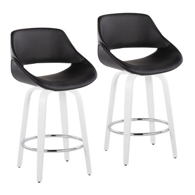 Tabouret de comptoir à hauteur fixe avec pivot en bois blanc et similicuir noir avec repose-pieds rond chromé - 2 pièces