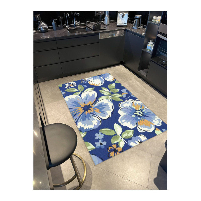 Tapis bleu lavable décoratif à motif floral bleu, Sous-tapis carré 3 pi 3 po inclus