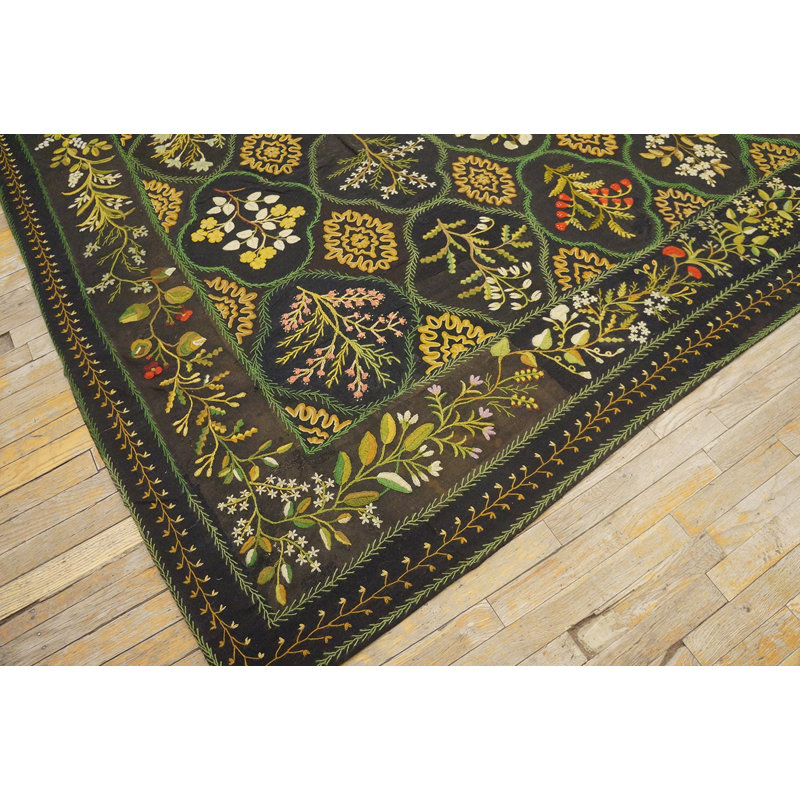 Large Size Charcoal Color Antique Floral English Flat Weave Needlepoint Carpet