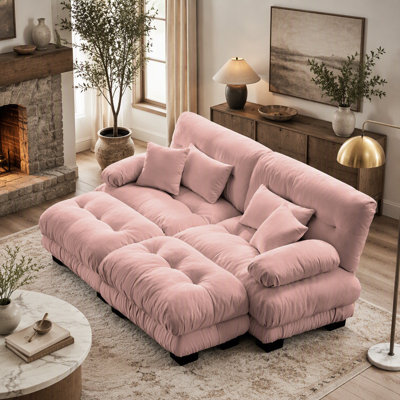 Canapé-lit Cloud pour le salon, canapé en chenille 2 places avec 2 coussins lombaires et 2 coussins décoratifs, canapé rembourré à accoudoirs larges avec 2 repose-pieds, chenille rose
