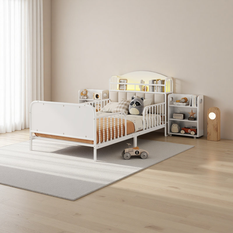 Structure de lit plateforme simple en métal avec lumière, lit simple en métal pour enfants avec tablettes de rangement escamotables