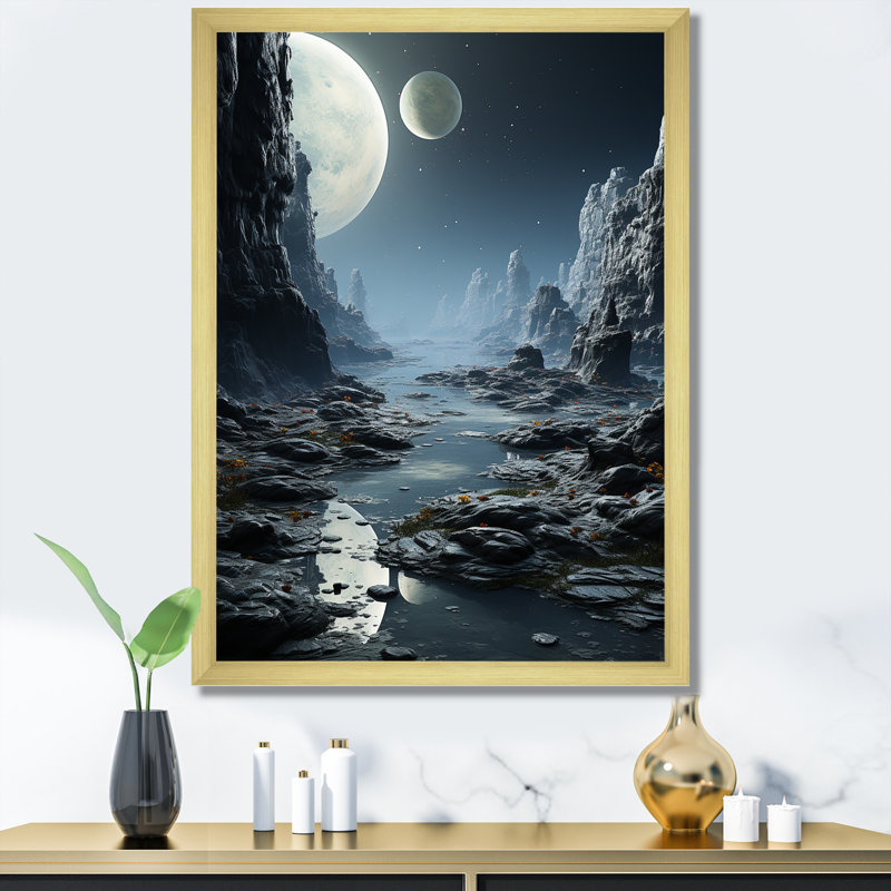 Blanc et gris Infinite Cosmos II - espace planète, art mural, Cadre doré simple, H 32 po x l 16 po x P 1 po