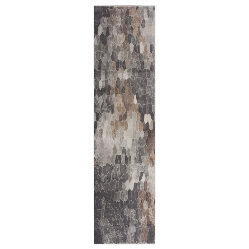 18' Gray And Beige Geometric Runner Rug