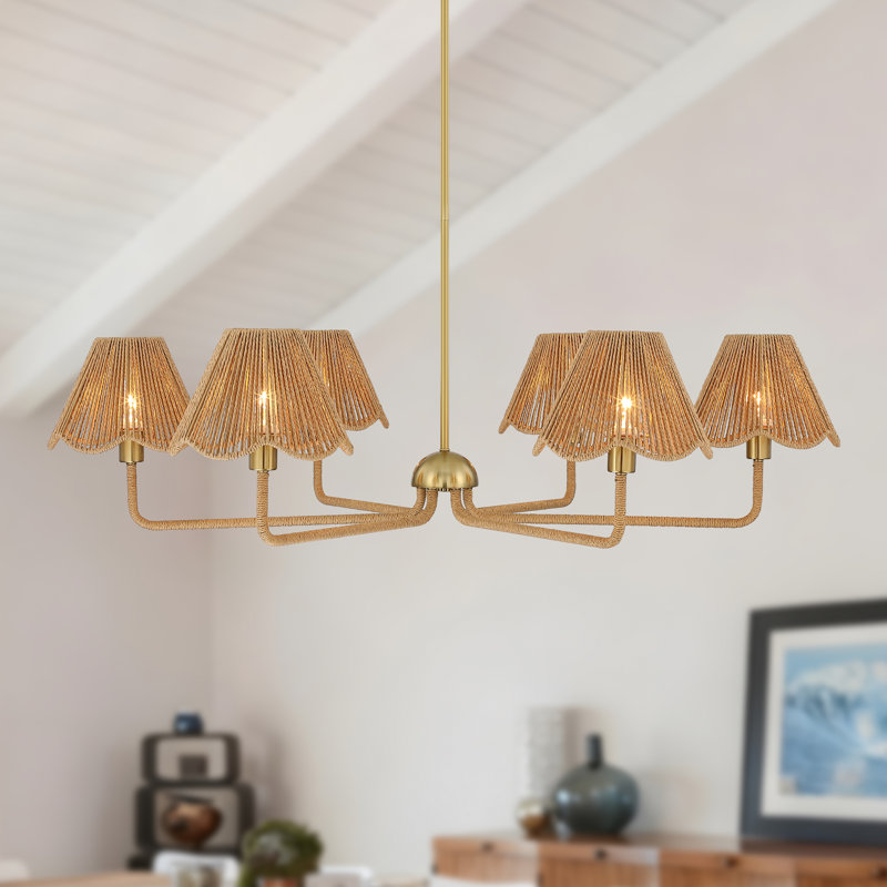 6-Light 38.98" W Boho Style Chandelier With Hand-Woven Rattan Shade For Kitchen Island, Dining Room, Entryway, Suitable For Sloped Roof Mounting