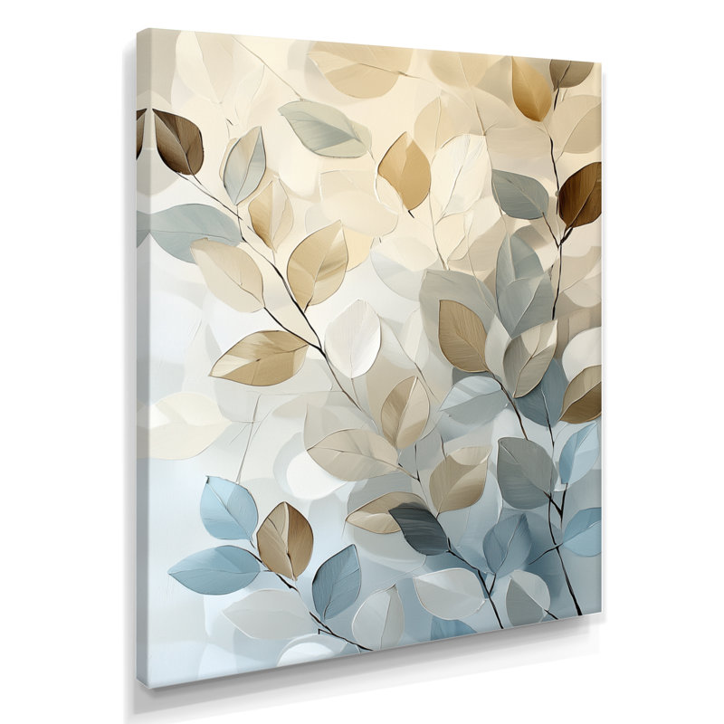 Feuilles et branches murmurantes - Tableau botanique encadré bleu, H 40 po x l 30 po, Toile tendue