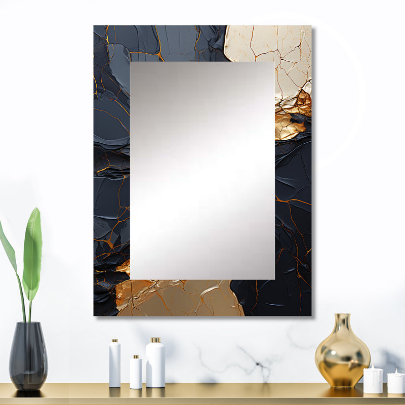 Minimalism Chrome Gold And Black Poteries II - Abstract Spirals Mirror, Gold Unique Wall Mirror, Printed Metal Art, 32" x 24"