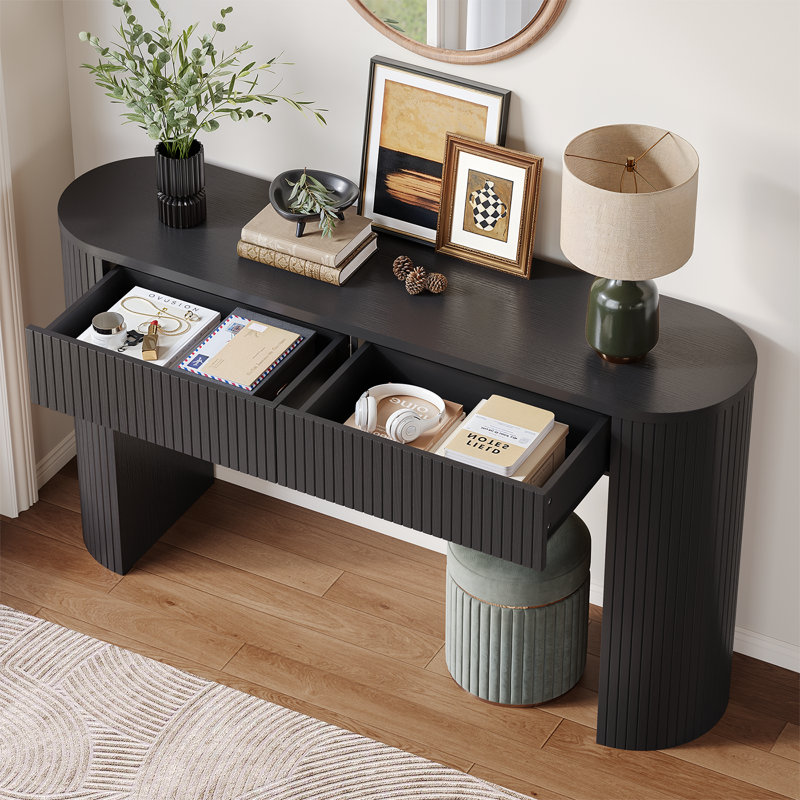 55'' Tambour Console Table With Oval Tabletop For Living Room Hallway Foyer Entrance Study, Black