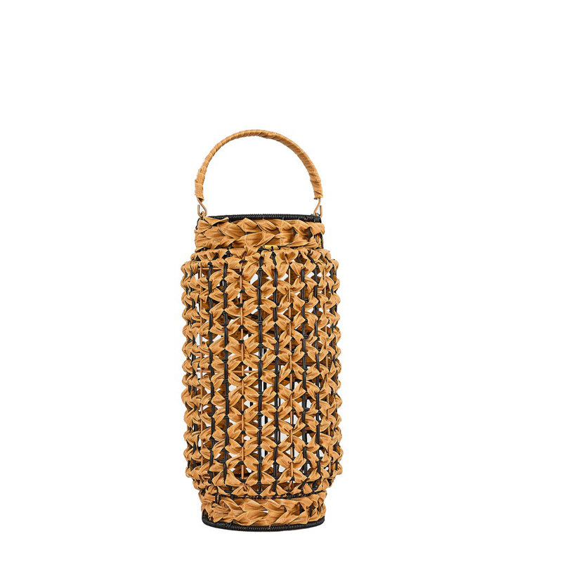Solar Wicker Floor Lamp, 23 cm Diameter x 17.3 inches Height | IP65 Weatherproof, 1 x 2 4W Integral LED, 3000K Warm Light at 80 Lm | Stylish Oak & Black Design, Perfect for Indoor & Outdoor Use