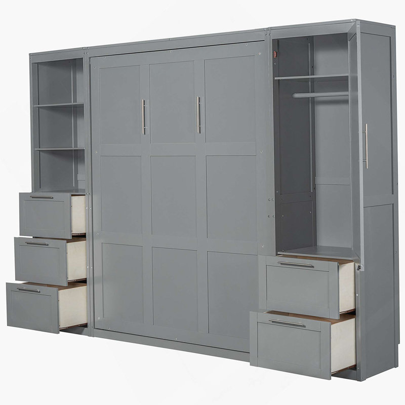 Lit escamotable grand format VARELON avec placard, tiroirs et tablettes, Gris