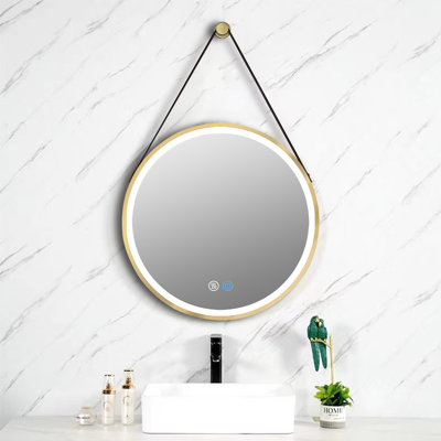 Miroir de salle de bain mural à brume réglable en métal avec ceinture en polyuréthane