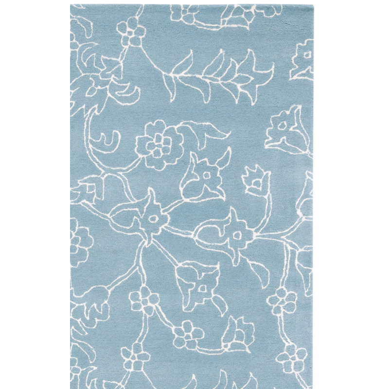 Tapis floral en laine fabriqué à la main bleu / ivoire, Carré 7 pi