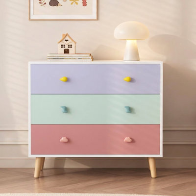 Kids Dresser Chest of Drawers, Wooden 3-Drawer Storage Cabinet with Colorful Drawer Panels & Cute Knobs, Bedroom Organizer with Solid Wood Legs for Nu