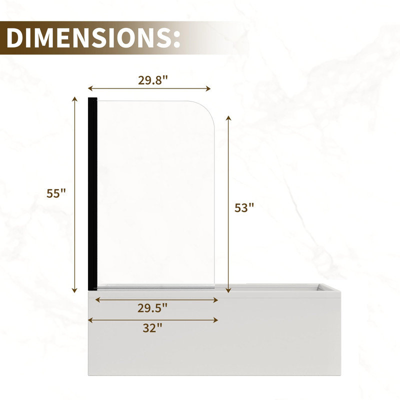 Porte de douche sans cadre pour baignoire, H 55 po x l 32 po, verre trempé, noir mat, ouverture réversible