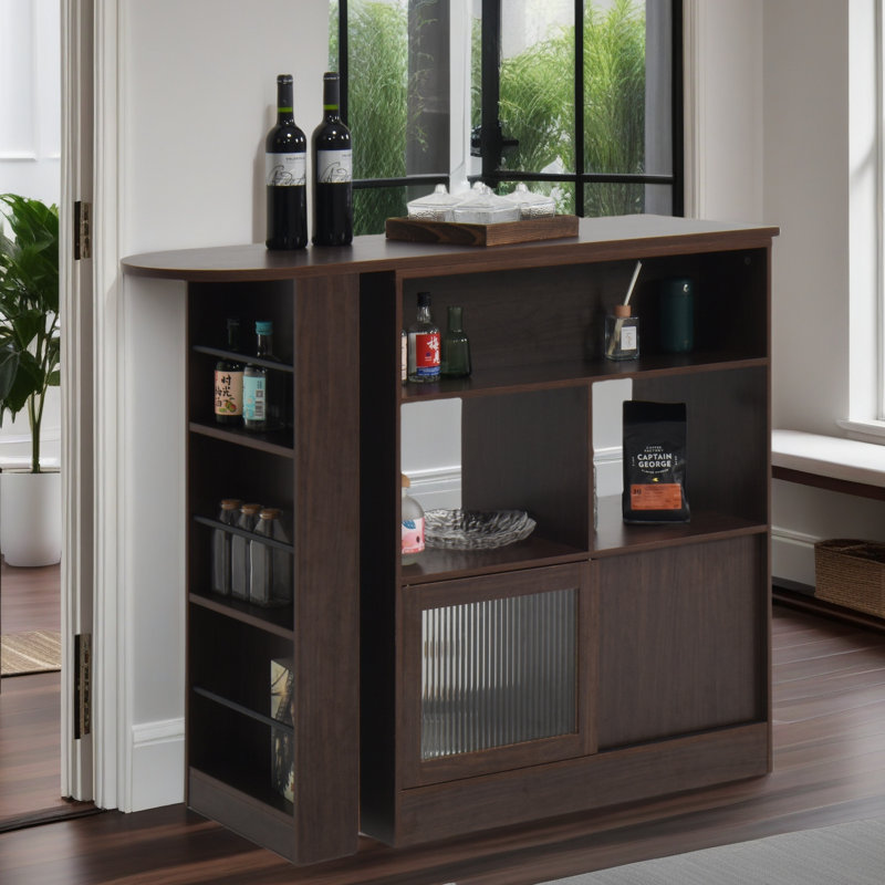 Modern Bar Cabinet With Rotating Top, Counter Height Dining Cabinet With 6 Storage Space And 2 Ribbed Glass Door For Kitchen, The Rotating Top With 3 Storage Shelves Dining Room, Living Room, Walnut