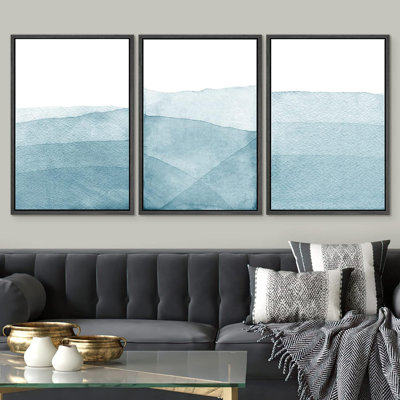 Minimal Landscape Watercolor Blue Wash Brushstroke Abstract Minimalist Picture Framed Canvas 3 Pieces Print Wall Art -  IDEA4WALL