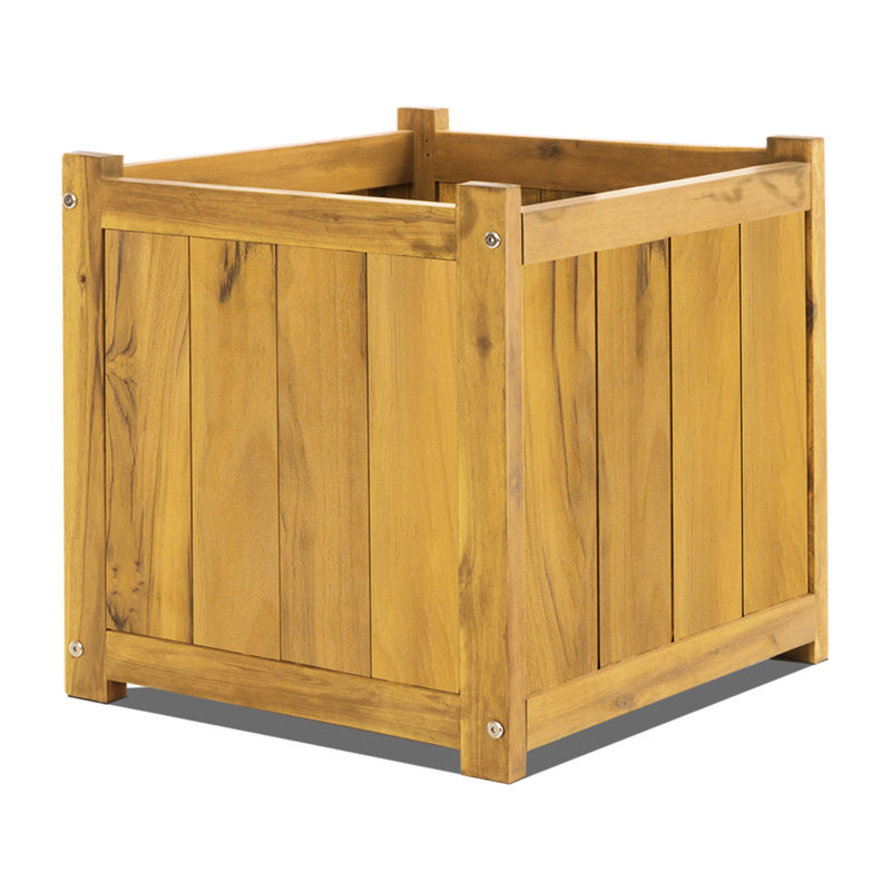 Square Acacia Wooden Planter Box, Raised Garden Bed for Outdoor Plants, Golden Teak, 17.72" H X 15.75" W X 15.75" D, 1