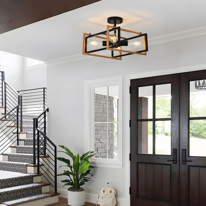 Juvraj 4-Lights Semi Flush Mount Ceiling Light With Metal Cage, Black/Gold