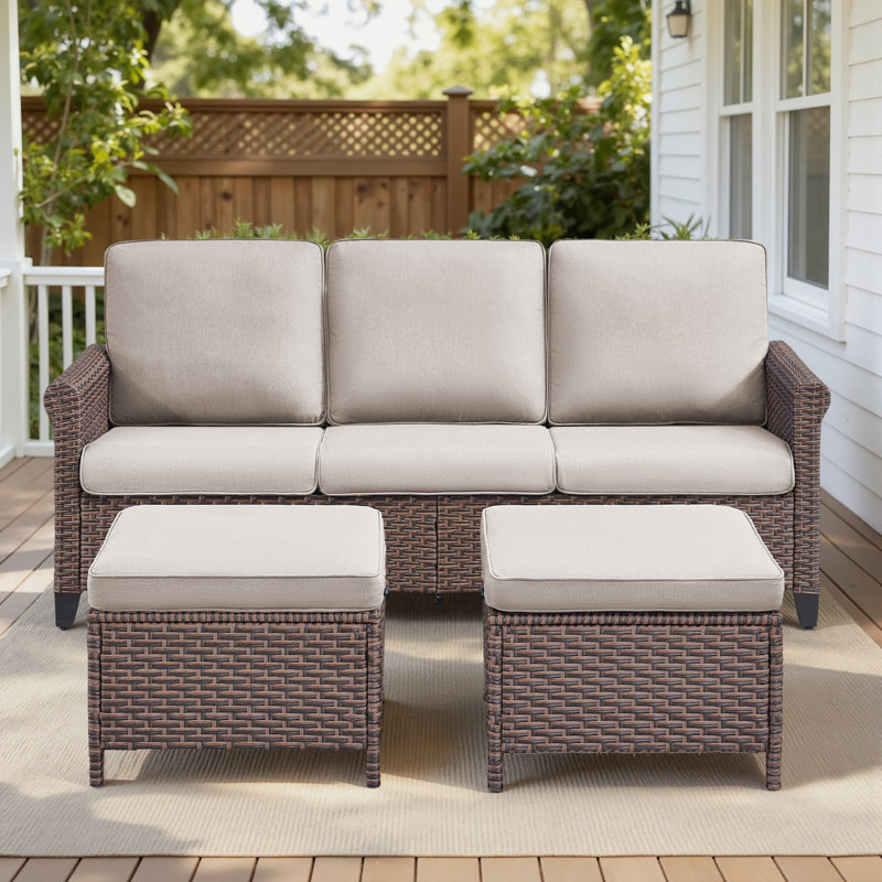 3 Piece Outdoor Garden Wicker Sofa Set with Ottomans, Beige