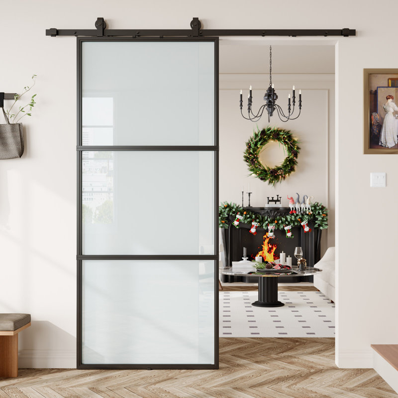 Black Aluminum and Frosted Glass Sliding Barn Door with Installation Kit