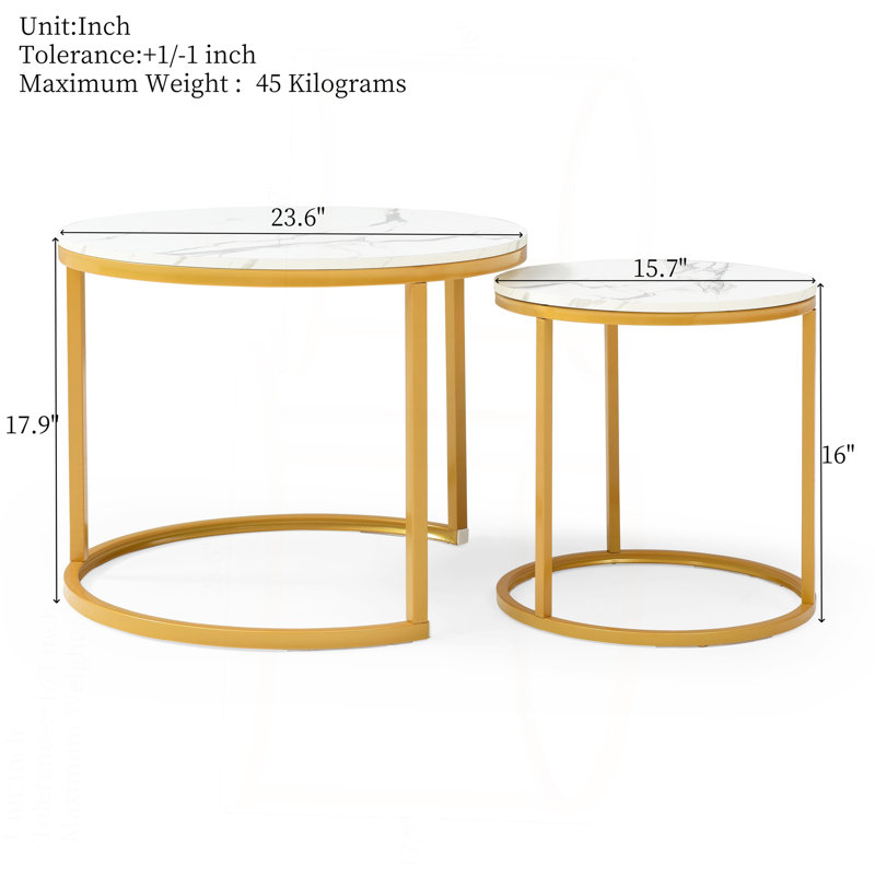 Set 2 Coffee Table Nesting White And Gray Top Frame Circular Round And Marble Pattern Wooden Tables