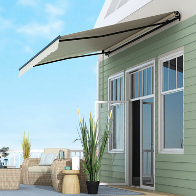 Auvent de patio avec manivelle manuelle, beige et blanc, 13 pi x 10 pi, pont en tissu 280 g / m², rétractable, blanc