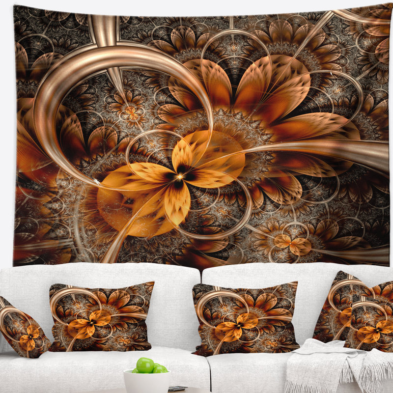 Tapisserie fleur abstraite orange fractale, H 78 po x l 92 po