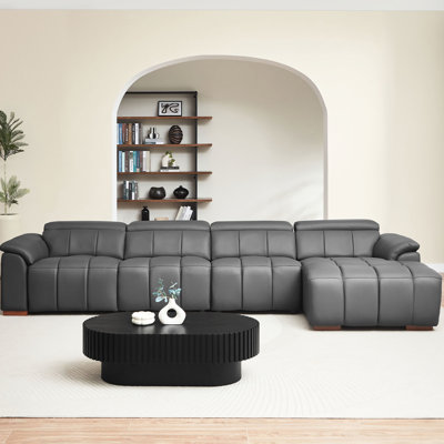 Modern 4 Seats Electric Control L Shaped Genuine Leather Couch With Adjustable Footrest, Comfortable Sitting And Easy Setup Wall - Reclining 90 Tilt Back Pillow, Charging Structure
