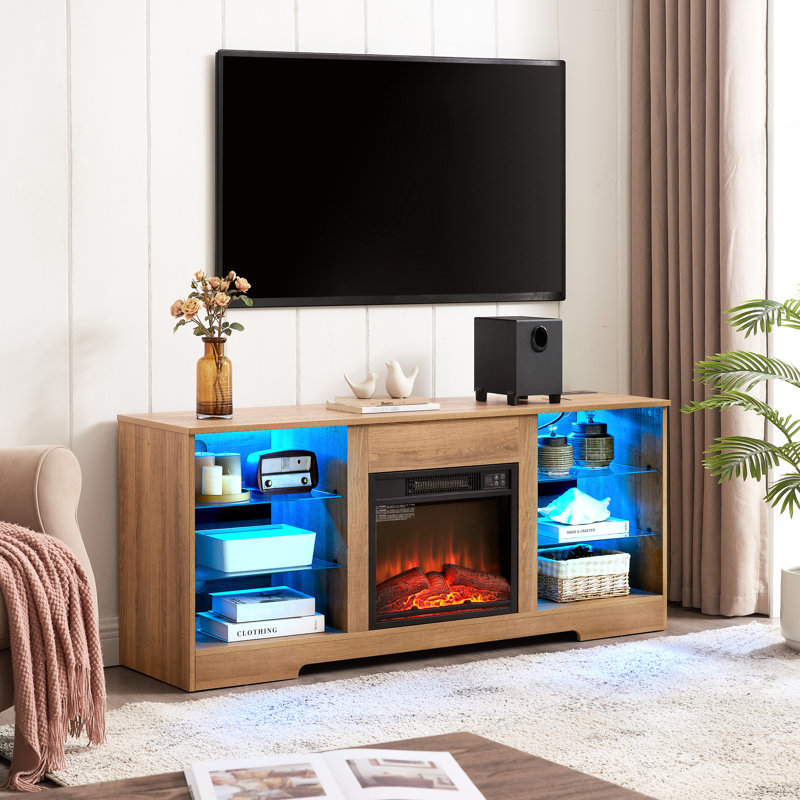 Electric Fireplace Tv Cabinet, 3D Flame, Adjustable Led Lights, , 58''W For 32 - 62" Tvs, Oak Stand With & Led, Port, Finish