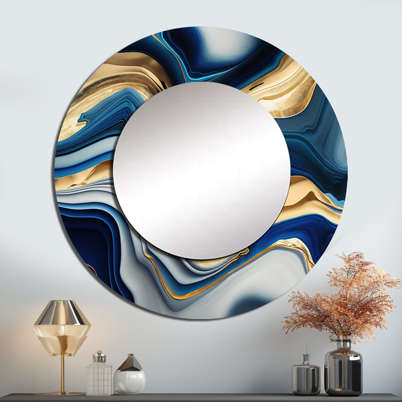 Soll Vibrant Blue And Gold Agate II - Transitional Mirror, Modern Round Unique Wall Mirror, Printed Metal Art, 23" x 23"