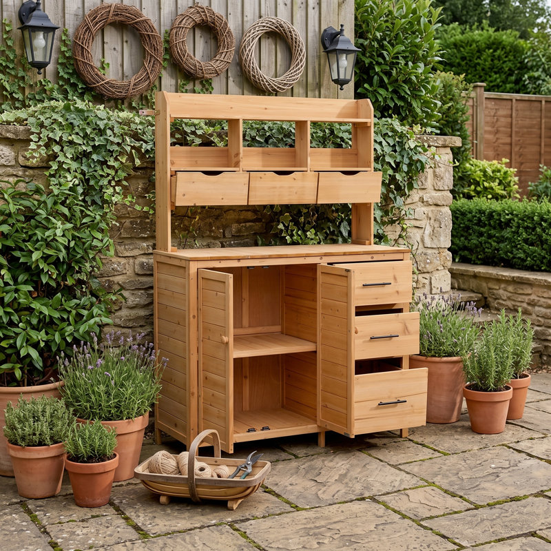 Banc de rempotage extérieur avec 6 tiroirs, huche supérieure, crochets latéraux et comptoir de poste de travail de jardin