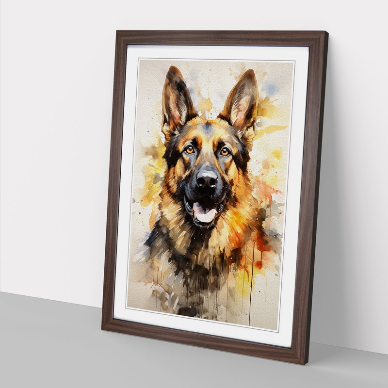 German Shepherd Modern - Single Picture Frame Print on Wood, Walnut, 34cm H x 25cm W x 2cm D