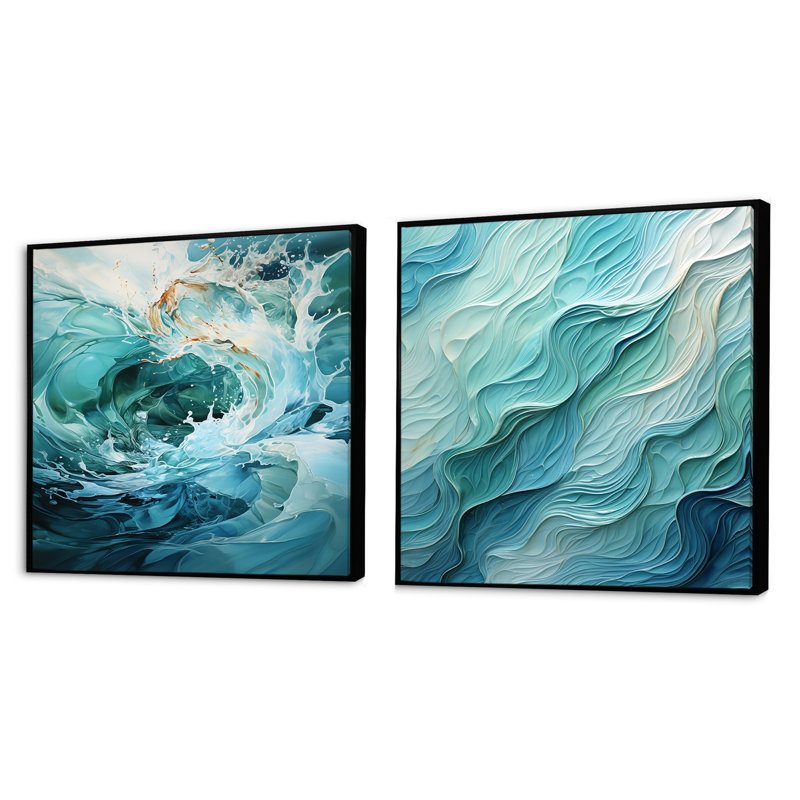 Aqua Blue And White Serenity Swirl - Abstract Square Collage Set Of 2, 16" H x 33" W, Black Floater Framed