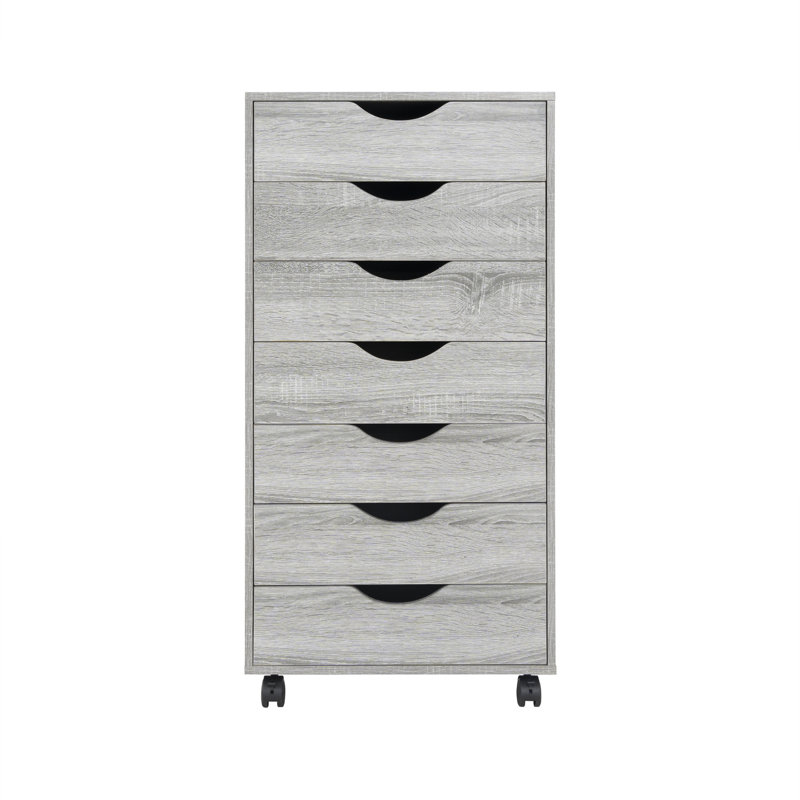 Classeur en bois à 7 tiroirs 15 po avec roulettes Yaeli, Chêne gris