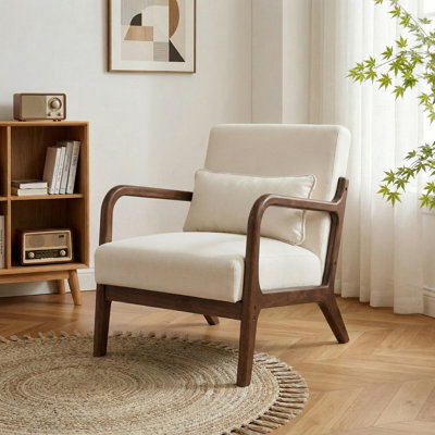 Mid Century Modern Accent Chair with Solid Rubberwood Frame, Cotton Linen Upholstered Armchair with Lumbar Pillow for Living Room Bedroom Reading Nook,Beige/Walnut