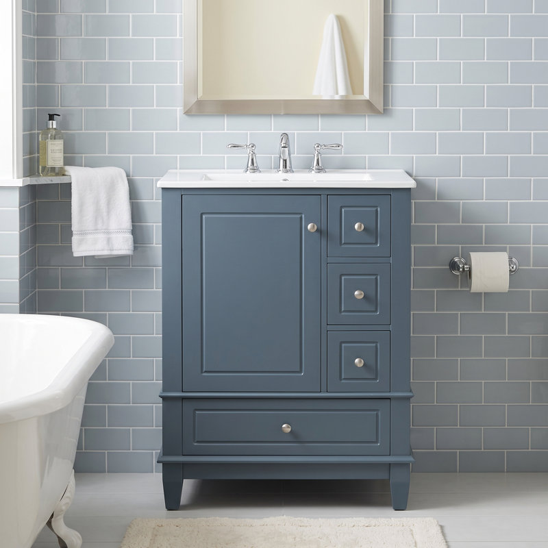Meuble-lavabo autoportant 24 po en bois massif et panneau de fibres à densité moyenne bleu gris avec lavabo et rangement en céramique